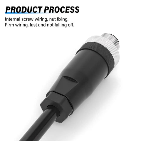 Close-up of IP67 Waterproof M12 5 Pin Male Connector with anti vibration threaded joint, rugged PG7 cable design for electric bicycle sensors.