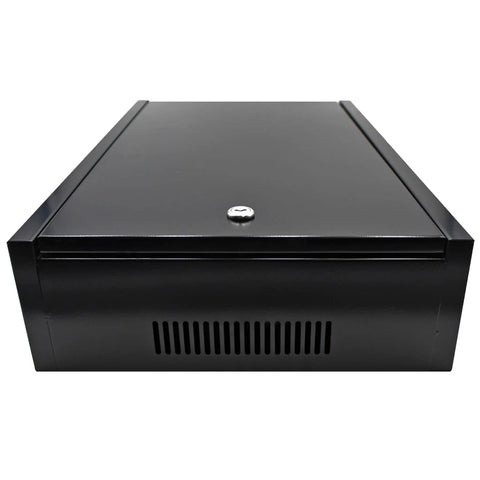 Bulletproof 2U Wall Mount Network Cabinet Featuring Lockable Solid Door And Heavy Gauge Black Steel Frame, front view.