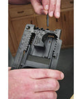 Close-up of Handy Door Hinge Template Kit With Lock-In Pins And Double Headed Nails, showcasing component details and measurements.