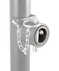 Replacement Swivel Jack Male Pipe Mount For Trailers Up To Five Thousand Pounds Tongue Weight With Weld On Pipe Mount For Five Eighths Inch Pin Hole And Beefy Swivel Bracket That Lets The Jack Swing Up And Out Of The Way For Travel, gray steel pipe mount with pin and chain