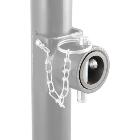 Replacement Swivel Jack Male Pipe Mount For Trailers Up To Five Thousand Pounds Tongue Weight With Weld On Pipe Mount For Five Eighths Inch Pin Hole And Beefy Swivel Bracket That Lets The Jack Swing Up And Out Of The Way For Travel, gray steel pipe mount with pin and chain