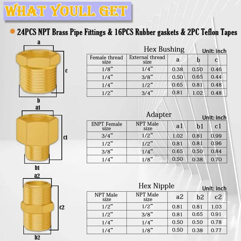 A Must Have Brass Fittings Kit 24 Piece NPT Adapters And Nipples Set For Pipework Compressed Air Refrigeration Hydraulics Instrumentation And Gases With Hex Bushings Reducing Nipples Reducers Teflon Tape And Gasket Pack sizes and dimensions