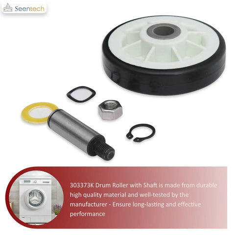 Heavy Duty Drum Rollers With Shafts Replacement Pack For Maytag And Whirlpool Clothes Dryers showing roller and shaft components.