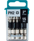 Pack of Impact XPS No 2 Phillips 2 Inch Power Bit 15 Pack For Impact Drivers with Precision Tips shown in packaging.