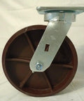 Heavy Duty Eight Inch Swivel Caster With Kingpinless Ductile Steel Wheel for rugged shop cart operations, showcasing a durable red wheel.
