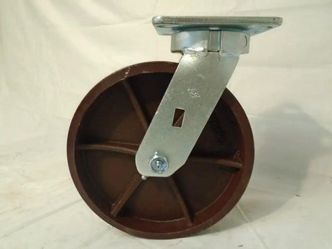 Heavy Duty Eight Inch Swivel Caster With Kingpinless Ductile Steel Wheel for rugged shop cart operations, showcasing a durable red wheel.
