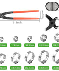 9 Inch Ear Clamp Pliers For Hose And Pipe Clamps Pinch Pincers Crimping Tool With Non Slip PVC Handles Durable CR V Chrome Vanadium Steel Built For Nail Pulling And Precise Crimping shown with various clamp sizes and details