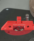 Comfylichi table setup block, front view, red aluminum with 23/32 in marks and 50° angle for router table.