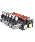 Six Spool Adjustable Hydraulic Double Acting Monoblock Control Valve For Tractor Loader Built Tough Workhorse 11 GPM 3600 PSI Cast Iron Construction 8 SAE Ports Precision Ground And Hard Chrome Finish.