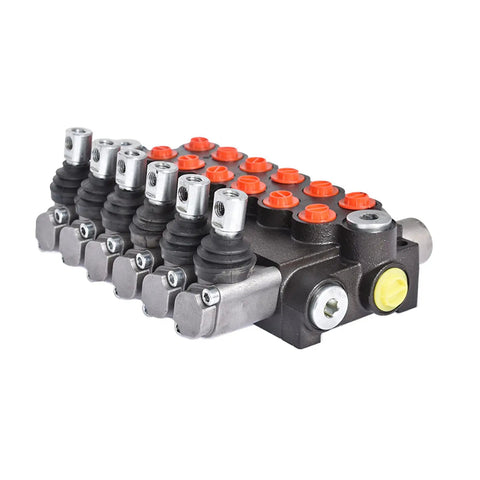 Six Spool Adjustable Hydraulic Double Acting Monoblock Control Valve For Tractor Loader Built Tough Workhorse 11 GPM 3600 PSI Cast Iron Construction 8 SAE Ports Precision Ground And Hard Chrome Finish.