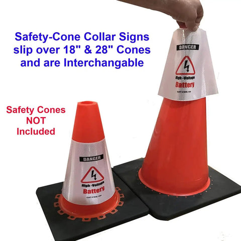 Top Shelf Reflective Safety Cone Collar Kit For EV Repair High Voltage Danger Warning Sign 3 Pack on 18" and 28" cones.