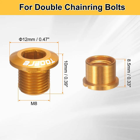 Five Piece M8 Aluminum Alloy Double Chainring Bolts For Road And Mountain Bike Cranksets Gold Including Five Nuts And Screws.