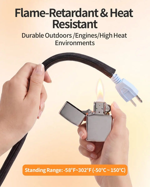 No Fuss Chew Proof Wire Loom, 10 Foot Expandable Cable Sleeve Protector, Heavy Duty Cord Cover For House Wiring And Networking, Black, 1/2 Inch Inner Diameter Expands To 3/4 Inch, Built Tough To Tame Spaghetti Cords Neatly, flame-retardant cable being ignited.
