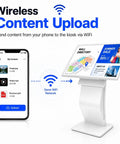 Wireless content upload feature shown with Built Different 43 Inch Touch Screen Kiosk Running Windows 11 With 8G Ram Plus 128G Storage.
