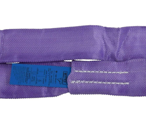 Close-up of 6 Ft Purple Polyester Endless Round Sling With 2600 Lbs Vertical Capacity, 2100 Lbs Choker Capacity, And 5200 Lbs Basket Capacity.