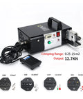 Heavy Duty Electric Cable Crimping Tool With Auto Wire Stripping And Cutting Functions, showing motorized unit with precision dies and foot pedal.