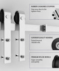 36 By 84 Inch Glass Barn Door With 6.6 Ft Brushed Nickel Sliding Hardware Kit And Handle, showing roller and stopper design.