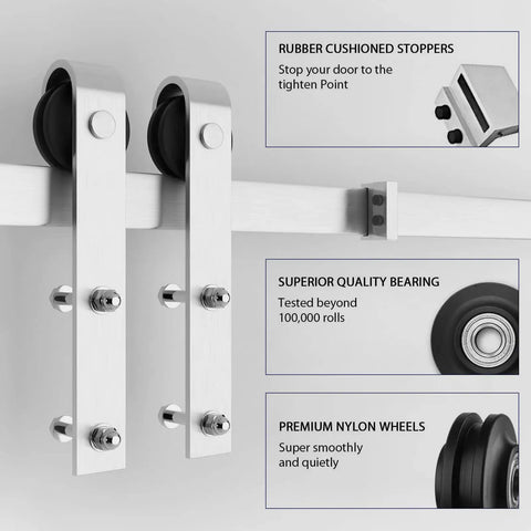 36 By 84 Inch Glass Barn Door With 6.6 Ft Brushed Nickel Sliding Hardware Kit And Handle, showing roller and stopper design.
