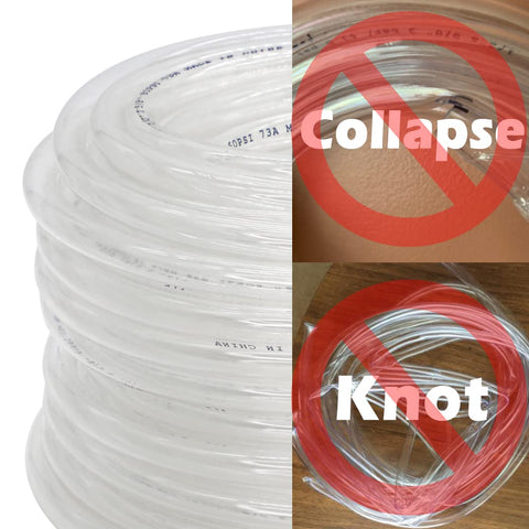 Clear Vinyl Tubing One Half Inch Inner Diameter Fifty Feet Long showing anti-collapse and anti-knot features