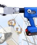 Heavy Duty Electric Hydraulic Cable Cutter For Cutting Copper And Aluminum Wire With Adjustable Oil Valve And 360 Degree Rotatable Alloy Steel Blade Safe And Durable Handheld Tool with metallic jaws in foreground.