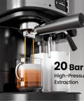 Pro Grade 20 Bar Compact Espresso Maker Featuring Automatic Milk Frother And Stainless Steel Frame yields rich espresso in glass.