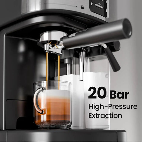 Pro Grade 20 Bar Compact Espresso Maker Featuring Automatic Milk Frother And Stainless Steel Frame yields rich espresso in glass.