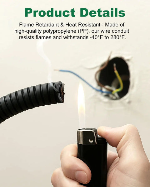 Testing flame retardant feature of Split Wire Loom Kit With Four Sizes And 120 Ft Total Length, showing lighter and conduit