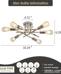 Six Lights Semi Flush Mount Ceiling Fixture With Modern Chrome Matte Finish Sputnik Chandelier, dimension details