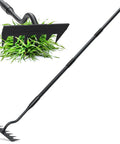 Long Handle 56 Inch Six Tine Weeding Hoe And Weed Puller Tool For Lawn Garden Yard Patio And Backyard No Sweat Labor Saving Rake For Quick Weed Removal And Neat Beds, black design with 6 prongs shown with grass