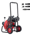 Auto Feed Drain Cleaner On Wheels With 100 Ft Cable For 2 To 6 Inch Pipes, Portable Sewer Snake Auger, four cutters visible