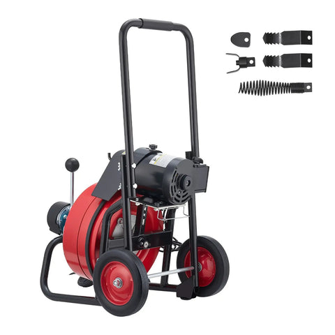 Auto Feed Drain Cleaner On Wheels With 100 Ft Cable For 2 To 6 Inch Pipes, Portable Sewer Snake Auger, four cutters visible