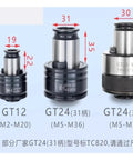 No Sweat Manual Tapping Machine Featuring Rock Solid Overload Protection And Fully Adjustable Depth For Flawless Ansi Tap Alignment In A Heavy Duty 9 Piece Collet Set. Image shows GT12 and GT24 tap collets with measurements.