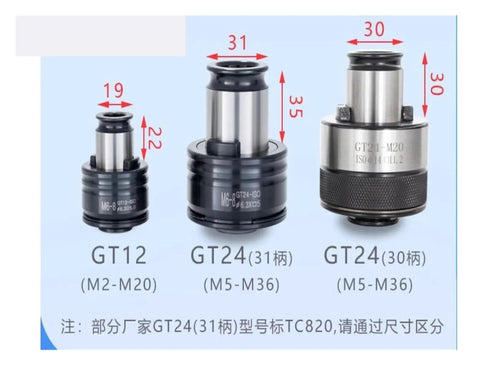 No Sweat Manual Tapping Machine Featuring Rock Solid Overload Protection And Fully Adjustable Depth For Flawless Ansi Tap Alignment In A Heavy Duty 9 Piece Collet Set. Image shows GT12 and GT24 tap collets with measurements.