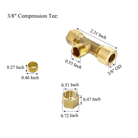 Two-pack brass 3/8 inch compression tee fittings for copper tubing with three 3/8 inch OD ports.