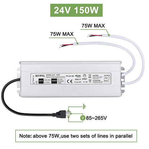 Rugged 150W 24V DC LED Driver With IP67 Waterproof Power Supply Three Prong Plug And Three Point Three Foot Cable