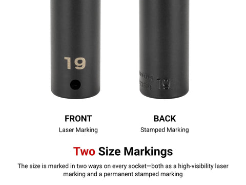 1/2 Inch Drive Deep 6 Point Impact Socket Set With Case, 21 Piece, From 5/16 To 1 1/2 Inches, showing laser and stamped size markings