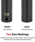 1/2 Inch Drive By 24 Millimeter Six Point Impact Socket With Deep Full Length Interior And Bright Laser Markings showing front and back markings.