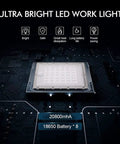 Close-up of LED module and battery of GoTo 60W LED Work Light Cordless Floodlight With 6000LM, showing features and specifications.