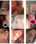Various people wearing 20 Piece Silicone Ear Gauge Kit From 2G To 1 Inch Tunnels Set Thin Black Soft Plugs For Ear Stretching