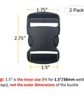 Two Pack One Point Five Inch Flat Side Release Buckles And Tri Glide Slides For Webbing Straps Luggage Pet Collars Backpacks Repair Built To Last Heavy Duty Plastic Quick Release 38mm Compatible showing dimensions and black plastic color