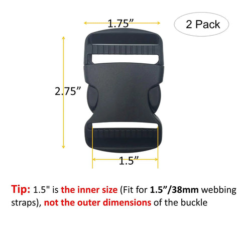 Two Pack One Point Five Inch Flat Side Release Buckles And Tri Glide Slides For Webbing Straps Luggage Pet Collars Backpacks Repair Built To Last Heavy Duty Plastic Quick Release 38mm Compatible showing dimensions and black plastic color