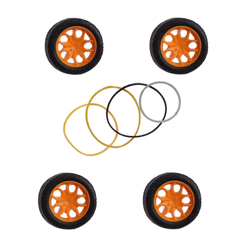 Durable 78 Piece Plastic Gear Kit With Pulleys And Small Motor Gears showing orange wheels and rubber bands