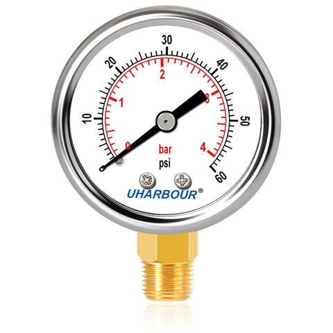 Lead Free Water Pressure Gauge 60 Psi 2 Inch Dial Stainless Steel Case Lower Mount 1/4 Inch NPT For Home Use Front View