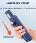Front view of blue handheld optical fiber identifier with clamp lever for 0.25/0.9/2.0/3.0 fiber cables