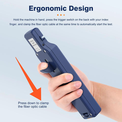Front view of blue handheld optical fiber identifier with clamp lever for 0.25/0.9/2.0/3.0 fiber cables