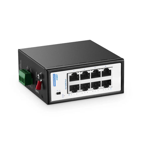 8 Port Industrial Switch Unmanaged 10 100Mbps Fast Ethernet With Din Rail And Wall Mount Included, IP30, black aluminum body