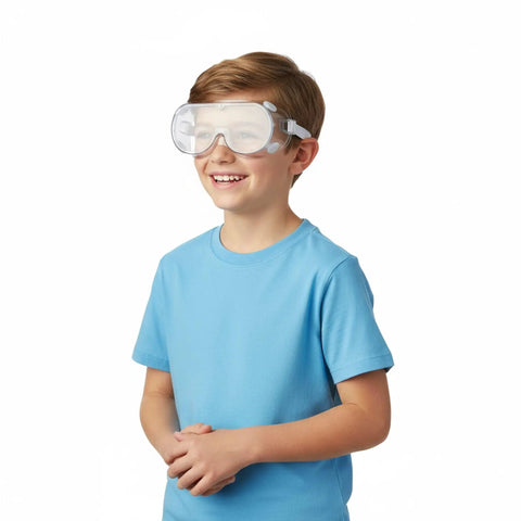 Child wearing Kids Safety Goggles 8 Pack Adjustable Lightweight Protective Glasses For Boys And Girls Crystal Clear Eye Protection