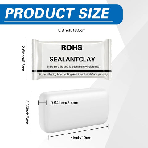 Sealant Clay For Wall Holes And Duct Seams, Waterproof Moldable Putty dimensions shown on packaging and clay