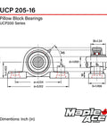 Dimensions diagram of UCP205-16 Pillow Block Bearing 1 Inch Bore 2-Bolt Self-Aligning With Solid Base Heavy Duty