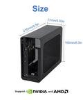 External Egpu Enclosure With Thunderbolt 4 Usb4 Compatibility And 240W Power Supply showing size dimensions, black metal casing.